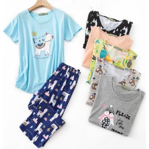 2021 Summer Female Casual Cartoon Pajama sets Ladies 100% Cotton Sleepwear suit Women pijama mujer grande women pajama short set