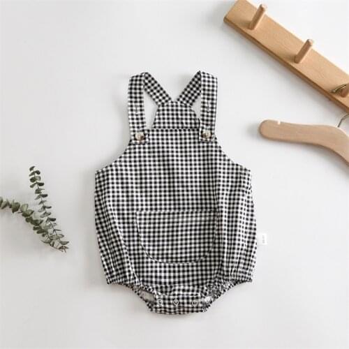 Summer Infant Baby Boys Girls Romper Vintage Black/white Plaid Sleeveless Bodysuit Newborn Romper Toddler Girls Pocket Jumpsuit