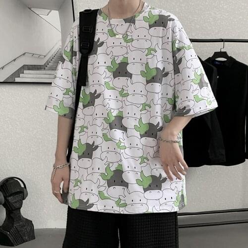 Summer Ins Tide Brand Mens Cartoon Short-Sleeved Cotton Casual Hong Kong Style T-shirt Full Print Youth Loose Large Size Cute