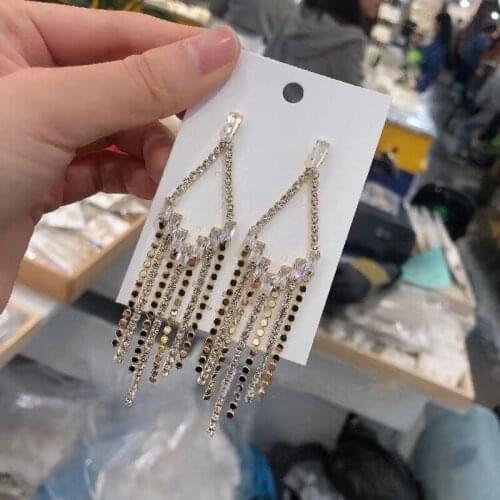 MENGJIQIAO Korean Luxury Metal Chain Rhombus Shiny Rhinestone Long Tassel Drop Earrings For Women Elegant Pendientes Jewelry