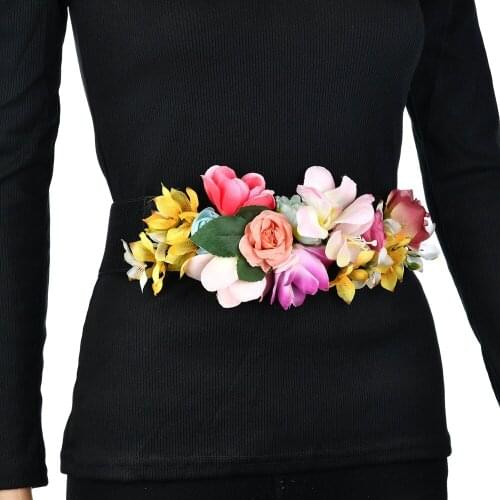 Sweet Elegant Women Pink Flower Belt Elastic Waist Chain Wedding Buckle Waistband Boho Floral Belt Accessories BW11