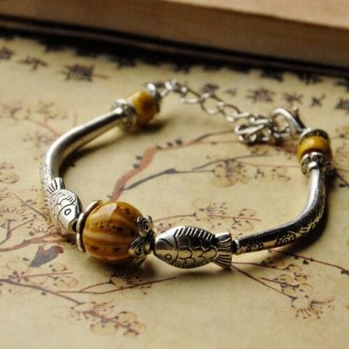 Charms Bracelet For Women Ceramic Beads Double Fish Ethnic Flower Pattern Alloy Chain Bracelets Lucky Bangle Jewelry Lovers Gift