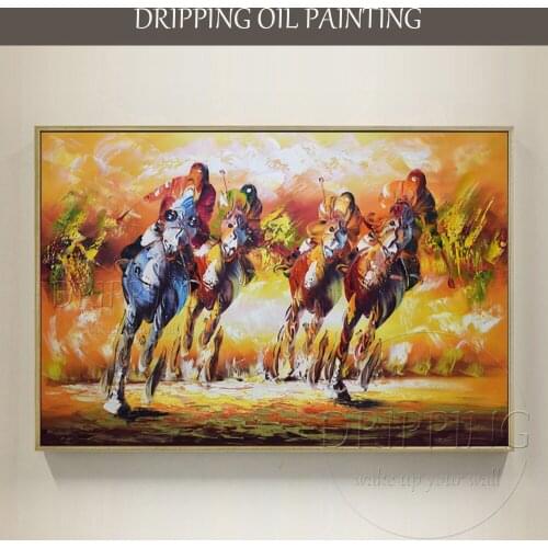 Gifted Artist Hand-painted Abstract Polo Oil Painting on Canvas Handmade Colorful Horses Race Oil Painting for Wall Decoration
