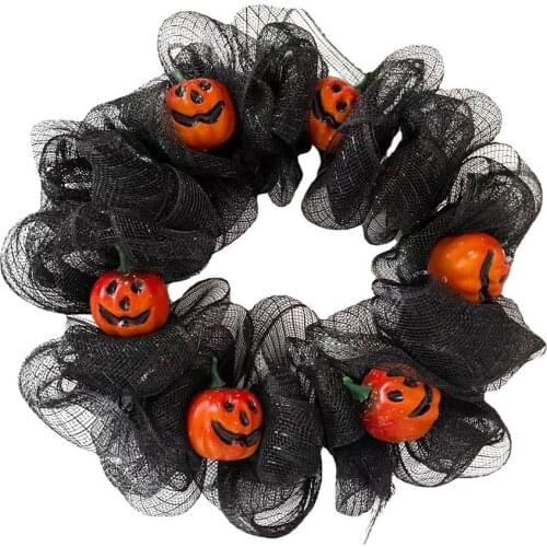 Halloween Autumn Garland Door Wreath Pumpkin Black Mesh Halloween Decorations Festival Vine Ring Thanksgiving Wreath