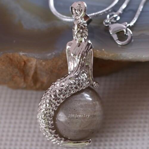 Natural Stone Mermaid Pendant Round Bead Gray Labradorite Necklace Pendant E850