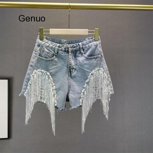 Sequined Tassel Denim Shorts Women High Waist Hole Loose Jeans Shorts Female Fashion Nail Beads Plus Size Wide Leg Short Jeans