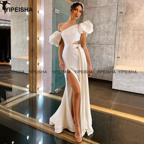 Yipeisha Sexy Side Slit Evening Gown One-shoulder Puff Sleeves Mermaid Prom Gown Long White Party Dresses Vestido de Fiesta