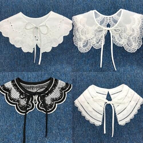Detachable Half Shirt False Fake Collar Embroidery Neck Ruff Shawl Dickey Mini Cape Lace-Up Ribbon Necklace Capelet