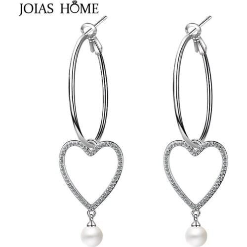 JoiasHome Heart shaped Drop Earrings for Women Silver 925 Jewelry Trendy Pearl Long Ear drops Female Elegant Wedding Accessory