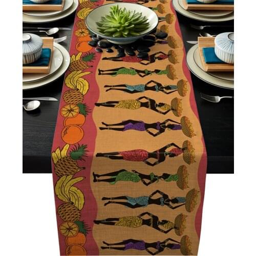 Table Runner Tablecloth African Women Fruit Basket Kitchen Table Runners for Dinner Holiday Party Wedding Events Decor