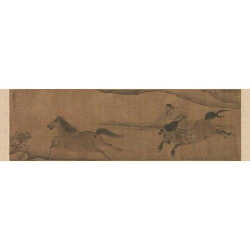 Traditional Chinese painting scenery landscape picture painting vintage poster black and white picture two horses animal picture