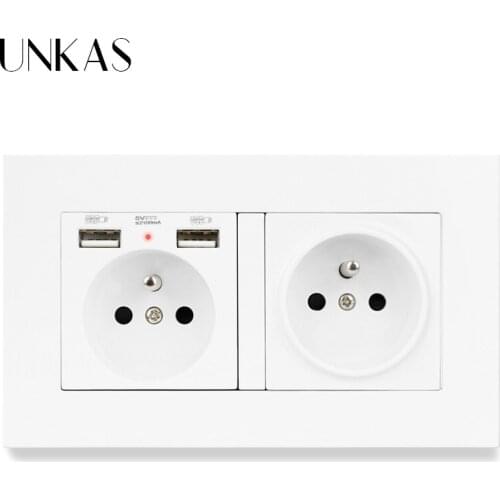 UNKAS PC Plastic French Standard 2 Gang Socket with 2 USB Charge Port for Mobile Phone 2 Wall Socket USB wall plug