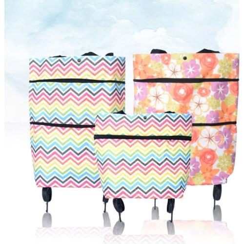 Large Capacity Shopping Bag Women Men Fruits Vegetables Snacks Folding Floral Print Shopping Trolley Storage Bag with Wheels