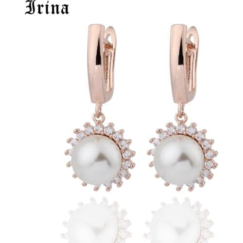 Irina New Micro-wax Inlay Natural Zircon Rose Gold Shell Pearls Dangle Earrings Women Wedding Party Jewelry