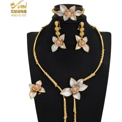 ANIID Flower Necklace Sets 2021 Big Gold Jewelry 24K Chinese 4 Pieces Rings Accessories For Women Brand Luxury Afghan Headpiece