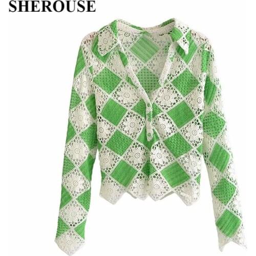 SHEROUSE Fashion Women Crochet Patchwork Knitted Cardigan Long Sleeve Lapel V-neck Vintage Woman Knit Sweater Fall Chic Tops