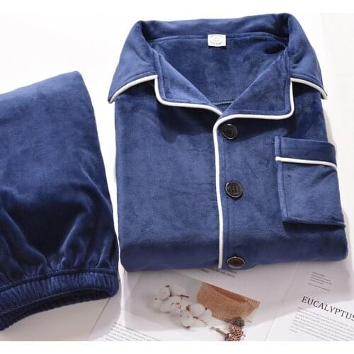 Winter Coral Fleece Pajamas Men Dormir Lounge Sleepwear Mans Bedroom Home Clothes Pijamas Thicken Bedgown Warm Blue Pyjamas PJs