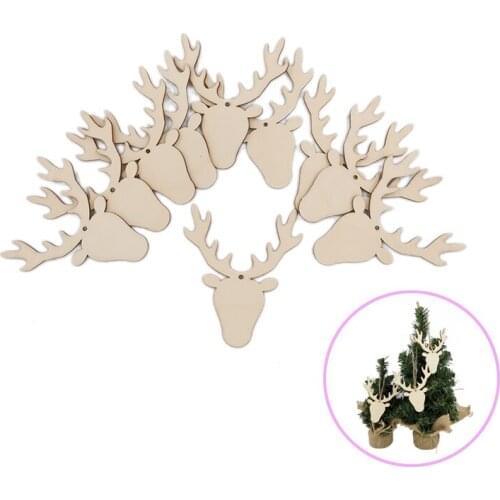 10PCS Natural Wood Chip Reindeer Unfinished Round Wood Christmas Ornaments Hanging Kid DIY Crafts