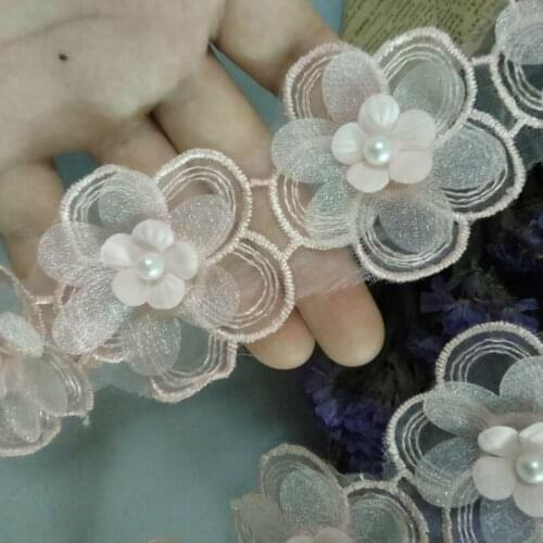 2 yard Pink Pearl Handmade Beaded Flower Embroidered Lace Trim Ribbon Double Layered Applique Dress DIY Sewing Craft New