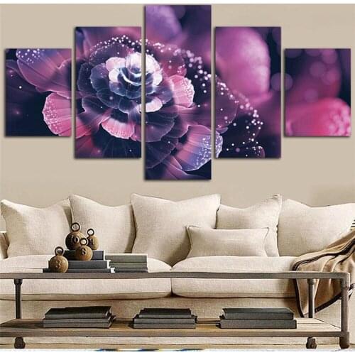 5 Pieces Wall Art Canvas Painting Purple Flower Poster Modern Living Room Bedroom For Modular Pictures Decoration Home