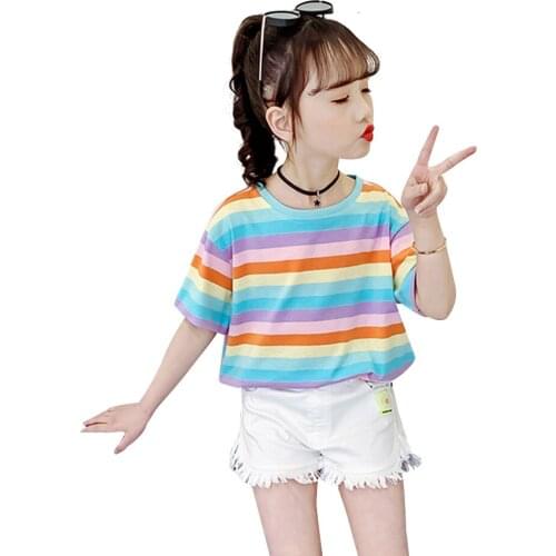 Childrens T-shirts Rainbow Stirped Girls Summer Top Casual Style Cute Child T-shirt O Neck Kids Clothing 3T-14T
