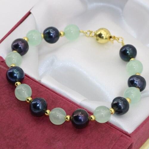 Diy Clasp Bracelets for Women Girls Light Green Stone 8mm Natural Black Pearl 8-9mm Round Beads Hot Sale Jewelry 7.5inch B2751