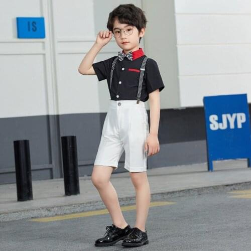 Gentleman Kids School Performance Dress Children Graduation Suit Boys Girls Summer Shirt +Short +Suspender+Bowtie Clothing Set