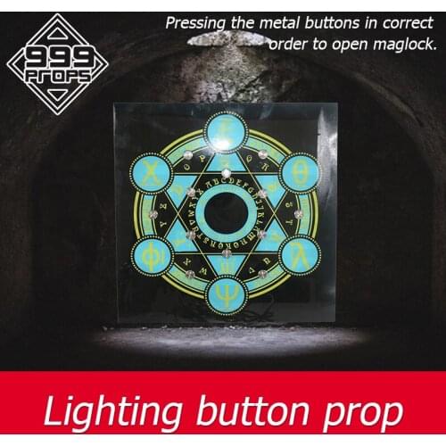 Escape room mechanism lighting button prop press button in correct sequence to escape chamber room devices