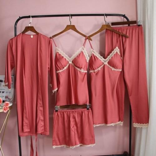 Spring New 5PCS Pyjamas Sleep Suit Womens Satin Lace Pajamas Sets Lounge Nighty Sleepwear Nightgown Casual Home Wear Nightwear