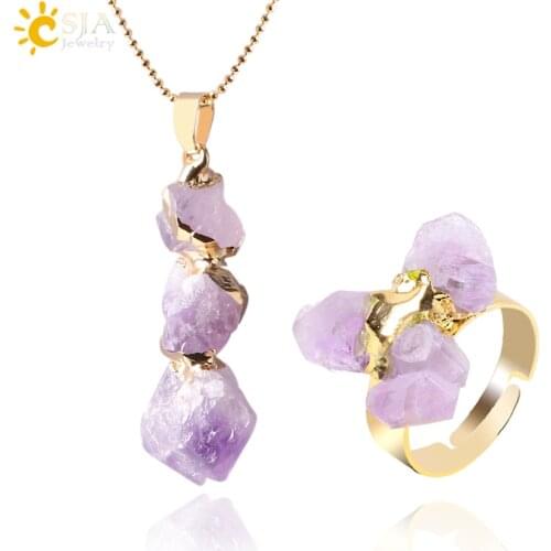 CSJA Crystal Wedding Jewelry Set Irregular Yellow Purple Quartz Necklace Pendants Gold-Color Natural Gem Stone Ring Chain E393