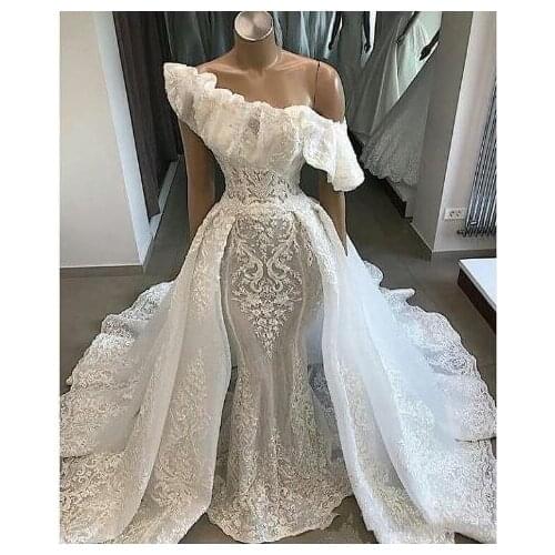 Sample Lace Amazing Wedding Dresses 2020 Spring Summer Off Shoulder Mermaid Bridal Gowns With Detachable Train Wedding Vestidos