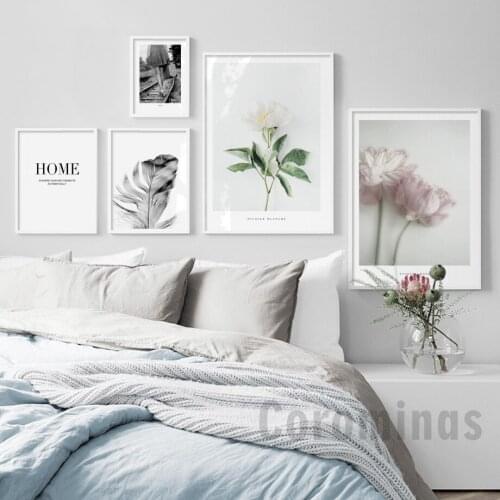 White Rose Pink Flower Feather Wall Art Canvas Painting Nordic Posters And Prints Wall Pictures For Living Room Bedroom Decor