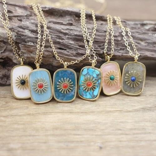 Natural Apatite Lapis Amazonite Paved Sun Flower Pendants Chains,Healing Reiki Gems Shell Gold Necklace For Women Jewelry,QC3023