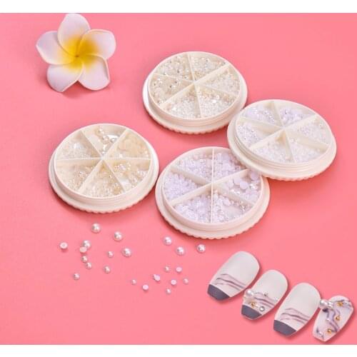 New DIY 6 Grids Mix Various Sizes Beads Rhinestone 3D Beauty Half Pearls Nail Decoration Gold White Nail Art Design Tips