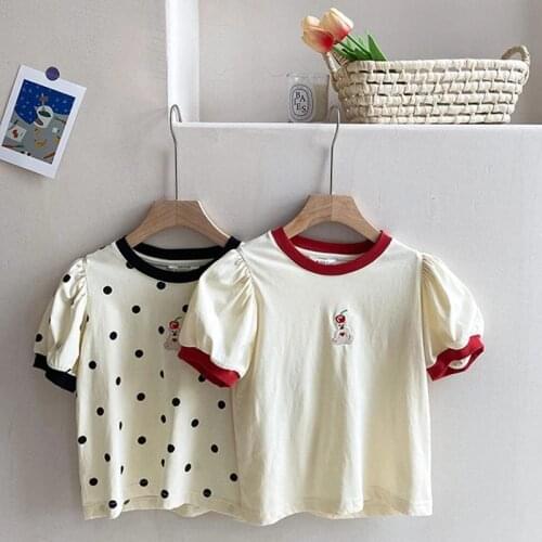 Summer New Korean Style Cartoon Embroidery Baby Girls T-shirts Short Sleeve Tops Toddlers Children Cute Tees