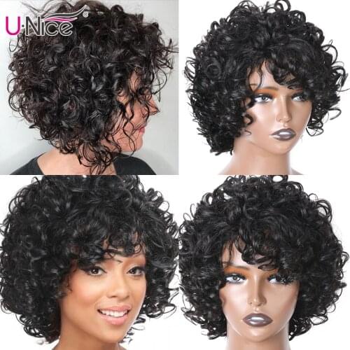 Unice Hair Brazilian Fluffy Curly Human Hair Wig Black Bouncy Curl Hair Wig with Bang Glueless Wig for Women Pixie Cut Wig