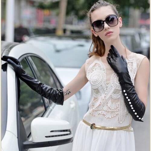 Real Leather Gloves Female 50cm Long Touchscreen Sheepskin Plus Velvet Thicken Warm Arm Sleeve White Button Womans Gloves CK06