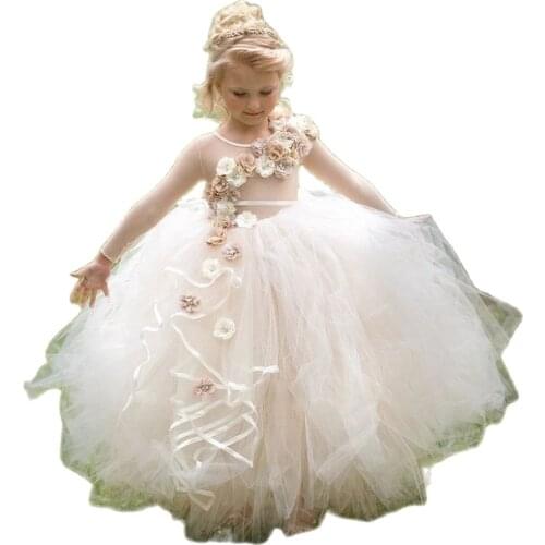 3D Flowers Puffy Flower Girl Dresses Long Sleeves Illusion Girl Birthday Dress Elegant Girl Wedding Party Dress 2020