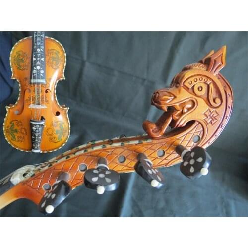 Deluxe Hardanger fiddle 4x5 string 4/4 violin 14" animal neck #11142