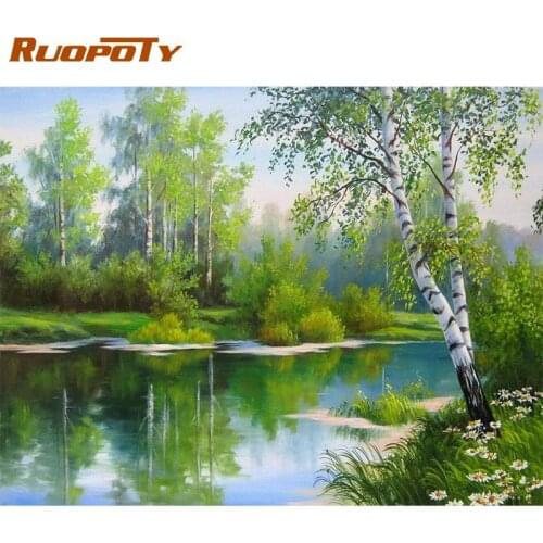 RUOPOTY Painting By Numbers Kits For Adults 60x75cm Frame River Trees Landscape Picture By Numbers Acrylic Handmade Wall Artwork