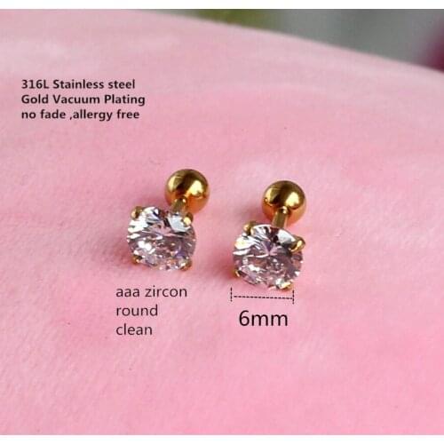 Titanium Stud Earrings 6mm Clean AAA Zircon Screw 316 L Stainless Steel Gold-color Vacuum Plating No Fade Allergy Free