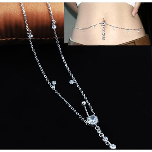 Rhinestone Dangle Belly Button Ring with Waist Chain Drop Pendant Navel Piercing Body Jewelry