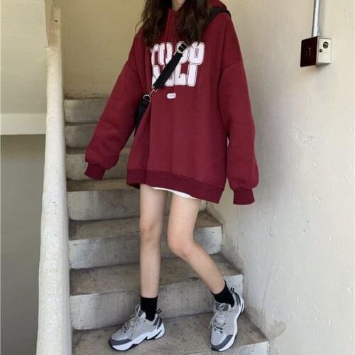 Sweater womens trendy Plush thickened Korean loose BF lazy style letter print top Hooded Coat