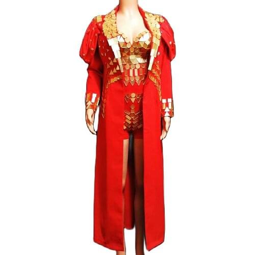 Mirror Sequins Red Suspender Playsuits Long Sleeve Windbreaker Sashes Personality Performance Costume Ladies Nightclub DanceWear