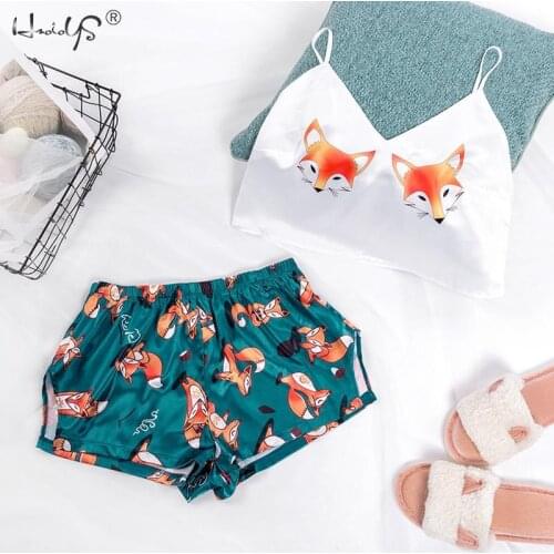 Womens Summer Fox Print Cami Top and Shorts Pajamas Set V Neck Sexy Pijamas Femme Sleepwear Summer Pyjama Spaghetti Home Wear