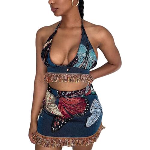Women’s Sexy Vest and Skirt Suit Vintage Printing Tassel Halter Tops and Tight Short Skirt