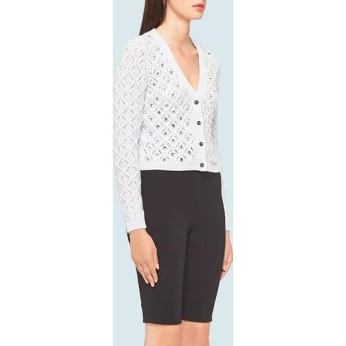 Fashon New Spring 2021 Sexy V-Neck Sweater Crop Toop Women Elegant Luxurious Diamond Solid Long Sleeve Knitted Cardigans Outwear