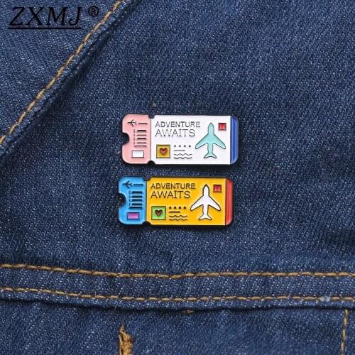 ZXMJ Air tickets Enamel Pin Brooch Adventure Awaits Shirt jacket Lapel Pins Badge Explorer Travel jewelry Gifts for Friends NEW