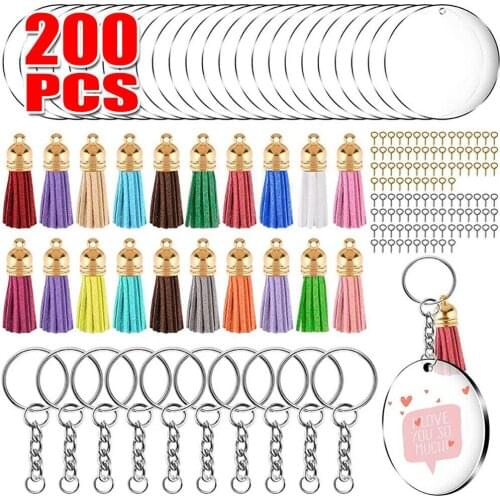 2021 New 200pcs Clear Acrylic Circle Discs Pendant Keychain Blanks Tassel Pendants Key Ring For Bag Accessory Jewelry Gifts