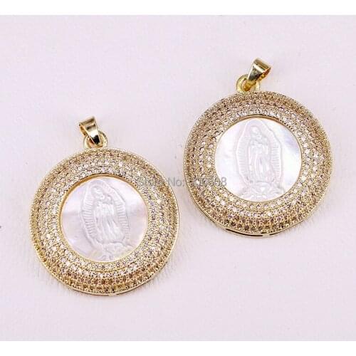 4PCS Circle White Jesus Shell Pendant Gold / Silver Color Round CZ Pave High Quality Pendant